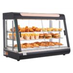 Trijų lentynų komercinė šildoma maisto vitrina 1400W, 130L talpos su LED apšvietimu ir 30–85°C gariniu šildymu