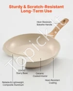 3 dalių aliumininių keptuvių rinkinys – 200 mm, 240 mm ir 280 mm smėlio spalvos keptuvės su ergonomiškomis rankenomis - Image 3