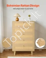 5 stalčių komoda su rotango apdaila, natūralaus medžio spalvos, su medinėmis kojelėmis 70,2 x 40 x 106,5 cm - Image 4