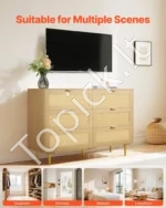 6 stalčių dviguba komoda su rotango apdaila, natūralaus medžio spalvos, su metalinėmis kojelėmis 120 x 39,5 x 85,4 cm - Image 7