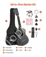 Klasikinė gitara, 780 mm, vaikiškas pradedančiųjų rinkinys su nailoninėmis stygomis, dėklu, dirželiu ir priedais, juoda - Image 7