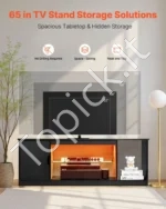 Modernus televizoriaus staliukas / pramogų centras iki 65 colių televizoriams su stikline lentyna ir LED apšvietimu (juodas) - Image 2