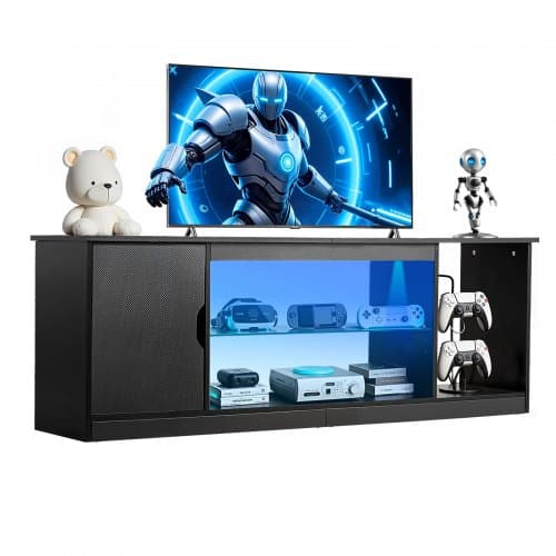 de2FBLDSJ58INCHB8FGV9001V92Fgoods_img-v32Fglass-tv-stand-m100-1.2.jpg Modernus televizoriaus staliukas / pramogų centras iki 65 colių televizoriams su stikline lentyna ir LED apšvietimu (juodas) - Image 1