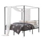 Juodas Queen dydžio baldakiminis lovos rėmas – metalinė lova su keturiomis kolonomis 2095 x 1530 x 1830 mm