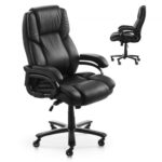 Juoda ergonominė vadovo kėdė su aukštu atlošu ir reguliuojama juosmens atrama