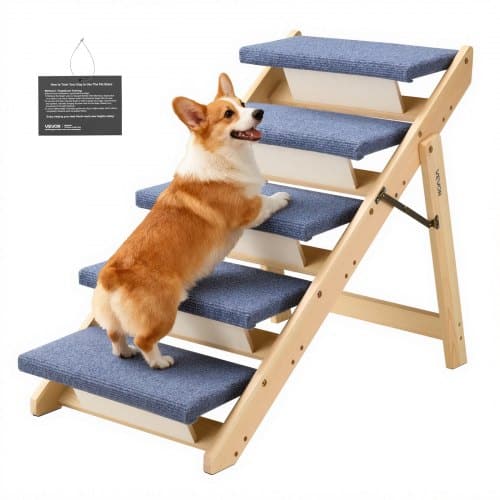de2FLTSFZDGLTKFPZ6IC6001V02Fgoods_img-v22Fdog-stairs-m100-1.2.jpg Medinės naminių gyvūnų laipteliai 5 pakopų, tvirtos šunų kopėčios aukštoms lovoms iki 68 kg - Image 1