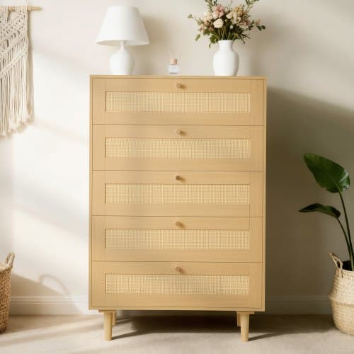 de2FSLJYXTBCTJDLI1F6N001V02Fgoods_img-v22Fdrawer-dresser-m100-1.2.jpg 5 stalčių komoda su rotango apdaila, natūralaus medžio spalvos, su medinėmis kojelėmis 70,2 x 40 x 106,5 cm - Image 1