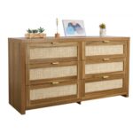 Komodă su 6 stalčų iš rotango medinė rūbų spintelė svetainei ir miegamajam 144,5 x 45 x 79,5 cm