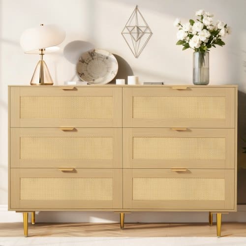 de2FSLJYXTBCTJLL7TYI0001V02Fgoods_img-v22Fdrawer-dresser-m100-1.2.jpg 6 stalčių dviguba komoda su rotango apdaila, natūralaus medžio spalvos, su metalinėmis kojelėmis 120 x 39,5 x 85,4 cm - Image 1
