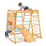 7-viename medinė vaikiška žaidimų aikštelė (jungle gym) su čiuožykla, 147 x 120 x 143 cm