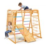 9-viename medinė vaikiška žaidimų aikštelė (jungle gym) su čiuožykla, 147 x 120 x 143 cm