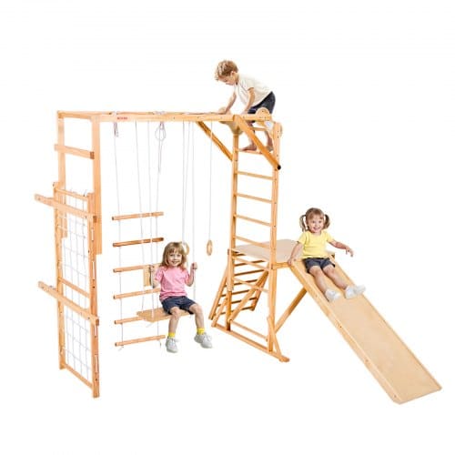 de2FSNYLCLYMS8H1GGBVK001V02Fgoods_img-v22Fkids-indoor-playground-m100-1.2.jpg 8-viename medinė vaiku žaidimų aikštelė (jungle gym) su čiuožykla ir sūpynėmis, 222 x 225 x 192 cm - Image 1
