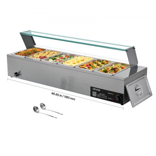 de2FSYSPBWQ613FSC97P0003V22Fgoods_img-v22Fcommercial-food-warmer-m100-1.2.jpg Komercinis maisto šildytuvas (bain marie) su stikliniu dangčiu, 6 x 1/3 dydžio indais, 118 x 36 x 38 cm - Image 1