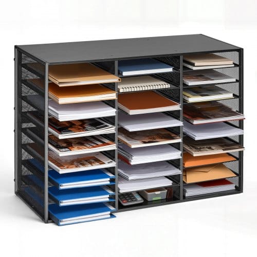 de2FWJFPJCGKJS27J8TL9001V02Fgoods_img-v12Fliterature-organizer-m100-1.2.jpg Dokumentų organizatorius 27 skyrių, metalinė biuro spintelė popieriams su mediniu viršumi 80 x 31 x 54,5 cm - Image 1