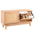 Prieškambario batų suoliukas 1000 x 300 x 530 mm su rotango imitacijos durelėmis ir stalčiais