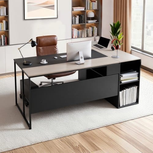 de2FXZBGZYTSLXXZ1A404001V02Fgoods_img-v12Fexecutive-desk-m100-1.2.jpg Kampinis rašomasis stalas L formos didelis biuro baldai su spintele ir lentynomis 180 x 80 x 75 cm - Image 1
