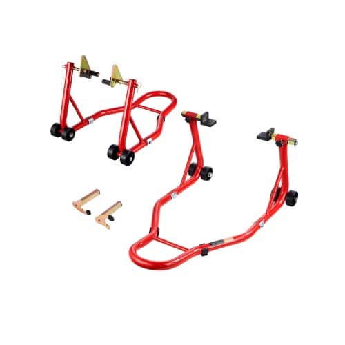 de2FYBSJZJHSTZ85ASDKKV02Fgoods_img-v22Fmotorcycle-stand-m100-1.2.jpg Raudonas motociklo priekinis ir galinis keltuvas / stovas 850 lbs (385 kg) talpos - Image 1