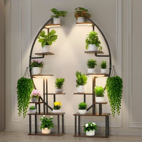 de2FZSZWJDCZHXDHI24SD001V22Fgoods_img-v22Fplant-stand-m100-1.2.jpg Kambarinis augalų stovas (rinkinys iš 2 vnt.) – 7 pakopų gėlių lentynos su augimo lempomis, 166,5 cm aukščio - Image 1