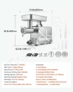 Elektrinė mėsmalė 1100 W, 9,5 kg/min galingumo komercinė mėsmalė - Image 7