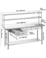 Nerūdijančio plieno darbastalis : 1829 x 610 x 1400 mm su lentynomis ir 3 stalčiais - Image 3
