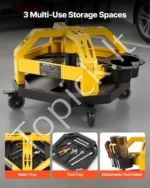 Reguliuojamo aukščio mechaniko kėdė su ratukais ir įrankių dėklu, 150 kg keliamoji galia, juodos ir geltonos spalvos - Image 5