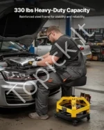 Reguliuojamo aukščio mechaniko kėdė su ratukais ir įrankių dėklu, 150 kg keliamoji galia, juodos ir geltonos spalvos - Image 7