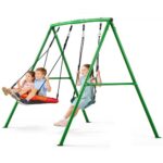 Vaikiškų sūpynių rinkinys kiemui su 80 cm lėkštės formos ir diržine sėdyne, žaliojo metalo rėmas iki 199,6 kg