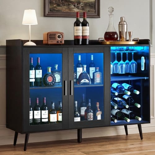 de2FBSJJKQK2BLM1U1L5W001V92Fgoods_img-v22Fwine-cabinet-m100-1.2.jpg Stilinga vyno spintelė-baras su LED apšvietimu ir 9 butelių laikikliu, juodos medienos rašto 1200 x 400 x 900 mm - Image 1