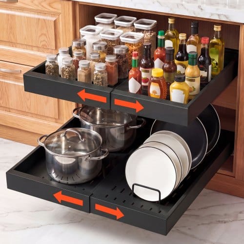 de2FBSLL21YCHS2GECLLO001V02Fgoods_img-v12Fpull-out-cabinet-basket-m100-1.2.jpg Reguliuojamo pločio ištraukiamas spintelės organizatorius (2 vnt., juodas) 31–48 cm, 52 cm gylio - Image 1