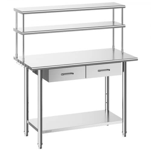 de2FCFBXGGZTLCWJ488O8001V02Fgoods_img-v22Fstainless-steel-worktable-m100-1.2.jpg Nerūdijančio plieno darbastalis 122 x 61 cm su lentynomis ir 2 stalčiais - Image 1
