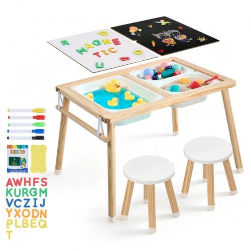 de2FGGZCXHBZDZHK9P49U001V02Fgoods_img-v22Fsensory-table-m100-1.2.jpg Vaikiškas sensorinis staliukas su 2 kėdutėmis, medinis aktyvumo stalas su talpyklomis - Image 1
