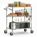 3 pakopų virtuvės vežimėlis su mediniu stalviršiu 300 kg, 76x46x91 cm