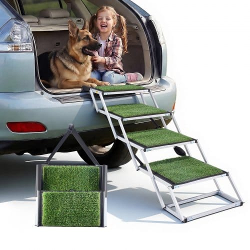 de2FKZDGLTEKJCK53PHLZ001V02Fgoods_img-v32Fdog-stairs-m100-1.2.jpg Sulankstomi laiptai šunims automobiliui 4 pakopų, iki 91 kg, su žolės danga - Image 1