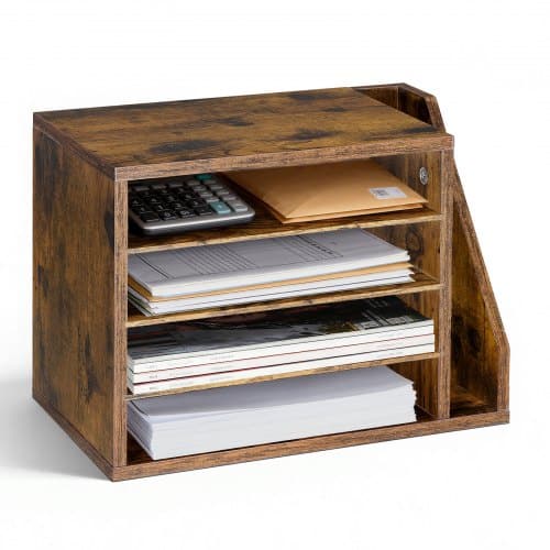 de2FWJFPJCTKBHB5WJBIO001V02Fgoods_img-v22Fliterature-organizer-m100-1.2.jpg 4 skyrelių dokumentų organizatorius su šonine vertikalia dėtuve, ruda 00 x 235 x 280 mm - Image 1