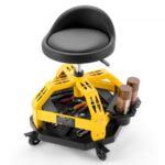Reguliuojamo aukščio mechaniko kėdė su ratukais ir įrankių dėklu, 150 kg keliamoji galia, juodos ir geltonos spalvos